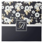 Monogram Navy Blauw Witte Bloemendecor Anemone Tegeltje (Voorkant)