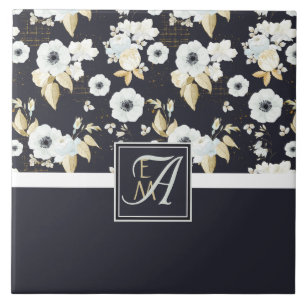 Monogram Navy Blauw Witte Bloemendecor Anemone Tegeltje