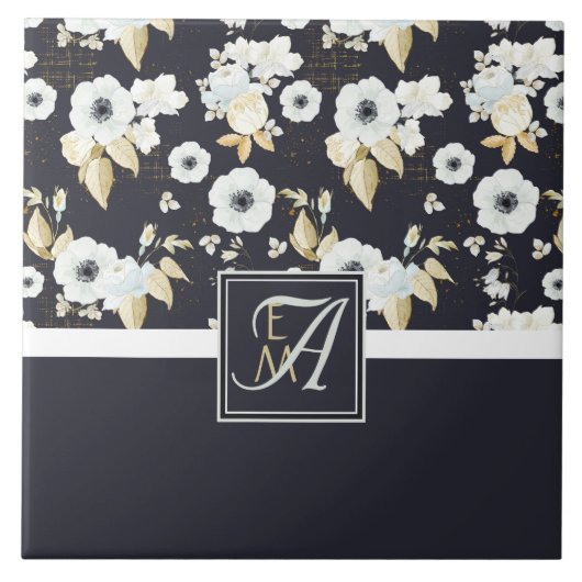 Monogram Navy Blauw Witte Bloemendecor Anemone Tegeltje (Voorkant)
