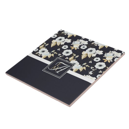 Monogram Navy Blauw Witte Bloemendecor Anemone Tegeltje (Zijkant)