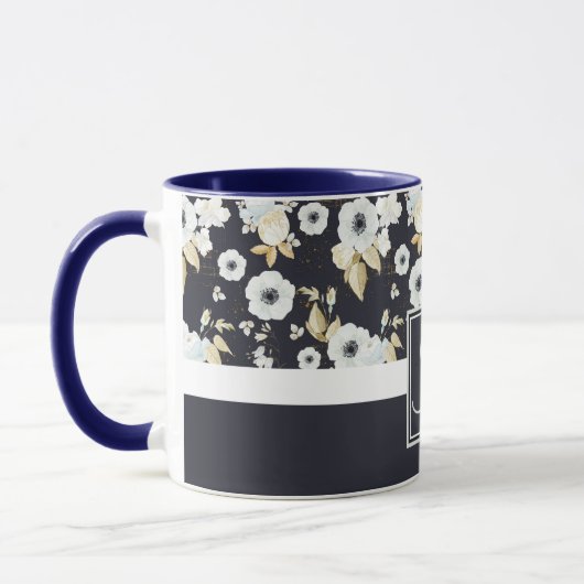 Monogram Navy Blauw Witte Bloemendecor Anemoon Mok (Links)