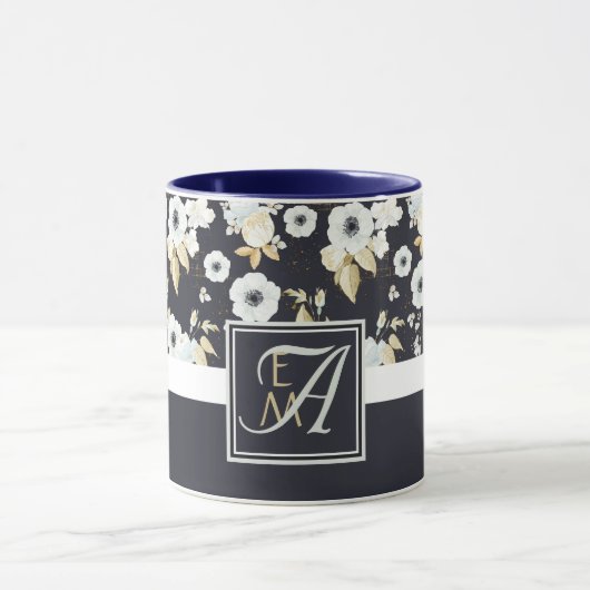 Monogram Navy Blauw Witte Bloemendecor Anemoon Mok (Midden)