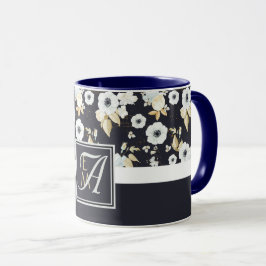 Monogram Navy Blauw Witte Bloemendecor Anemoon Mok