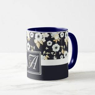 Monogram Navy Blauw Witte Bloemendecor Anemoon Mok