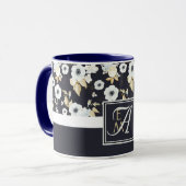 Monogram Navy Blauw Witte Bloemendecor Anemoon Mok (Voorkant links)