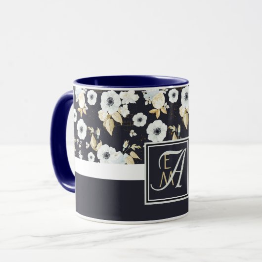 Monogram Navy Blauw Witte Bloemendecor Anemoon Mok (Voorkant links)