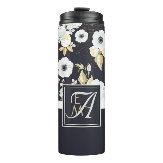 Monogram Navy Blauw Witte Bloemendecor Anemoon Thermosbeker (Voorkant)