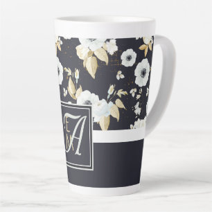 Monogram Navy Blauw Witte Bloemendecoratie Anemoon Latte Mok