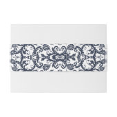 Monogram Navy Blauwe Bloemendamask Uitnodigingen Wikkel (Achterkant Voorbeeld)