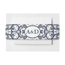 Monogram Navy Blauwe Bloemendamask Uitnodigingen Wikkel