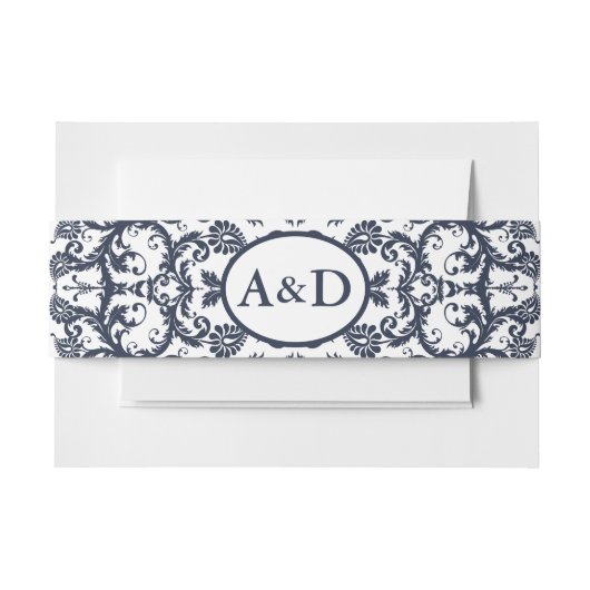 Monogram Navy Blauwe Bloemendamask Uitnodigingen Wikkel (Voorkant Voorbeeld)
