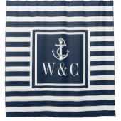 Monogram Navy Blauwe Gestreepte Zeevaart Anker Douchegordijn (Voorkant)
