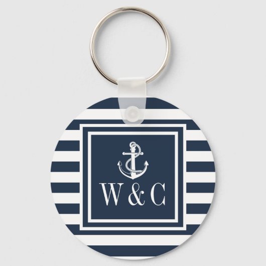 Monogram Navy Blauwe Gestreepte Zeevaart Anker Sleutelhanger (Voorkant)