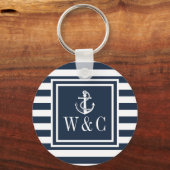 Monogram Navy Blauwe Gestreepte Zeevaart Anker Sleutelhanger (Voorkant)