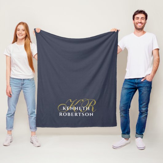 Monogram Navy Blauwe Goud Witte Minimalistische Ma Fleece Deken (In situ)
