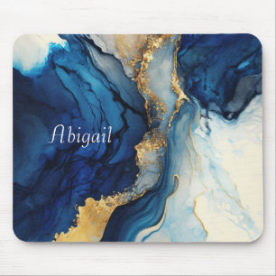 Monogram Navy Blauwe Gouden Agaat Marmer Waterverf Muismat