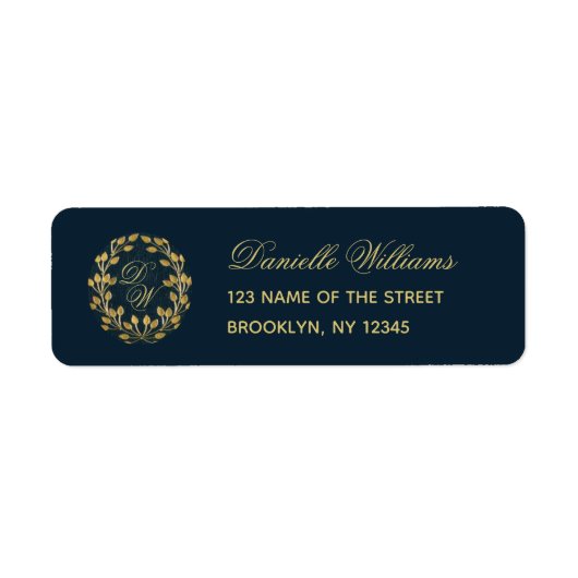 Monogram Navy Blauwe Gouden Krans Elegante Calligr Etiket (Voorkant)