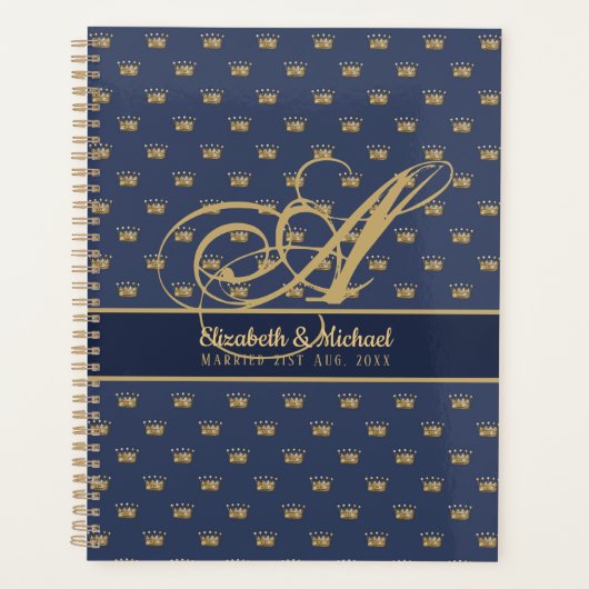 Monogram Navy Blauwe Gouden Kroon Koning Koningin Planner (Voorkant)