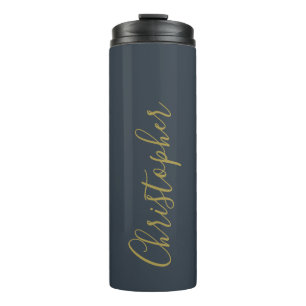 Monogram Navy Blauwe Gouden Script Naam Minimalist Thermosbeker