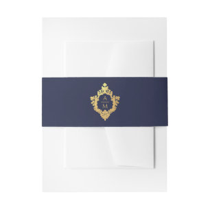 Monogram Navy Blauwe Nepgoud Elegante Vintage Wape Uitnodigingen Wikkel