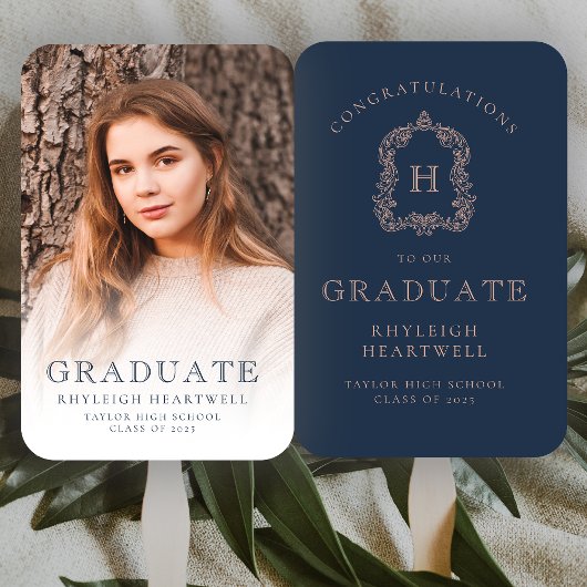 Monogram Navy Blauwe Roos Foto Afstuderen Handwaaier