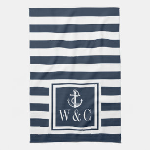 Monogram Navy Blauwe Streep Zeeanker Theedoek