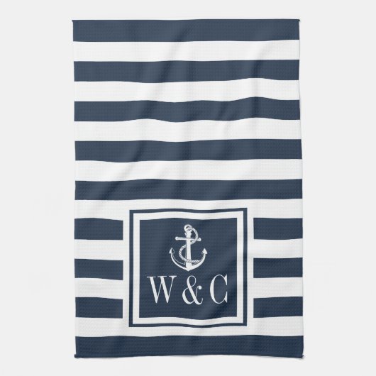 Monogram Navy Blauwe Streep Zeeanker Theedoek (Verticaal)