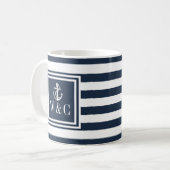 Monogram Navy Blauwe Streep Zeevaart Anker Koffiemok (Voorkant links)