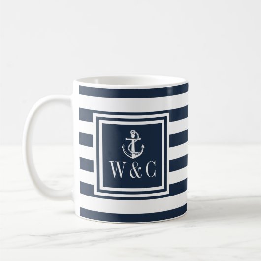 Monogram Navy Blauwe Streep Zeevaart Anker Koffiemok (Links)