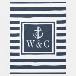Monogram Navy Blauwe Streep Zeevaart Bootanker Fleece Deken