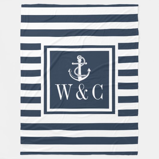 Monogram Navy Blauwe Streep Zeevaart Bootanker Fleece Deken (Voorkant)