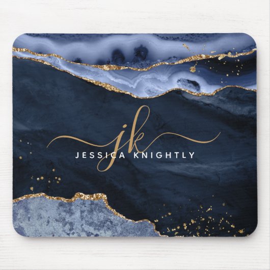 Monogram Navy Blue Agate Geode Gold Glitter Muismat (Voorkant)