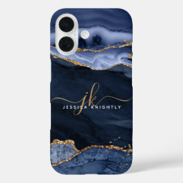 Monogram Navy Blue Agate Geode Gold Script iPhone 16 Hoesje