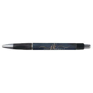Monogram Navy Blue Agate Gold Pen