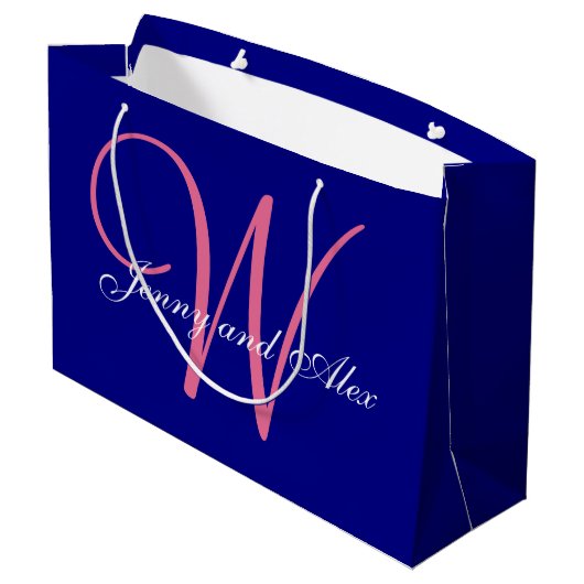 Monogram Navy Blue Azalea Pink Wedding Large Cadeautasje (Achterkant Gekanteld)