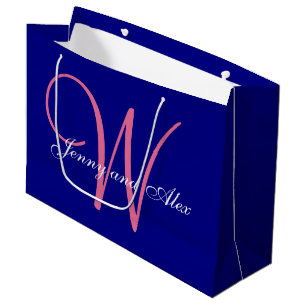 Monogram Navy Blue Azalea Pink Wedding Large Cadeautasje