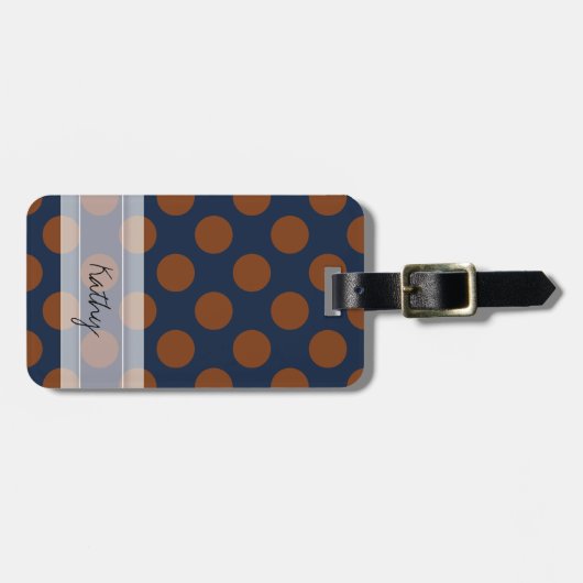 Monogram Navy Blue Brown Chic Polka Dot Pattern Bagagelabel (Voorkant horizontaal)