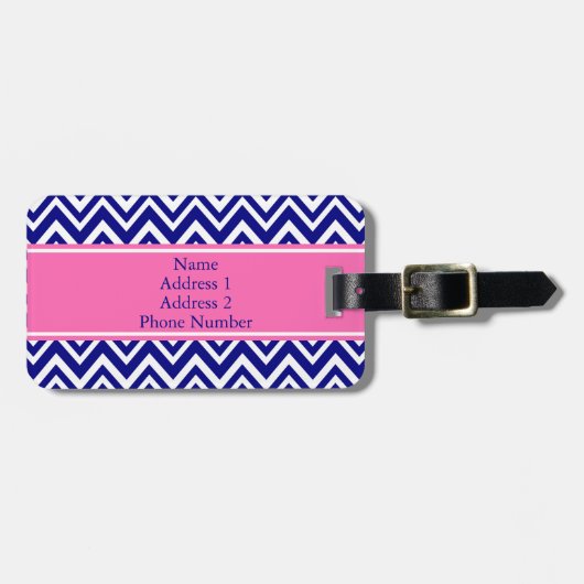 Monogram Navy Blue Chevron Pattern met Hot Pink Bagagelabel (Voorkant horizontaal)