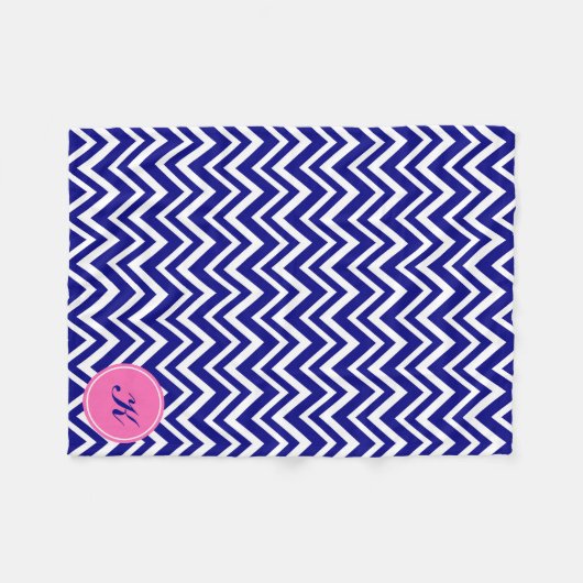 Monogram Navy Blue Chevron Pattern met Hot Pink Fleece Deken (Voorkant (Horizontaal))