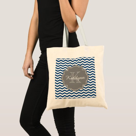 Monogram Navy Blue Chevron Zigzag Custom Canvas ta Tote Bag (Voorkant (product))