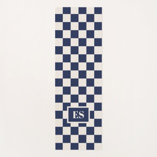 Monogram Navy Blue Cream Checkered Pattern Yogamat (Voorkant)