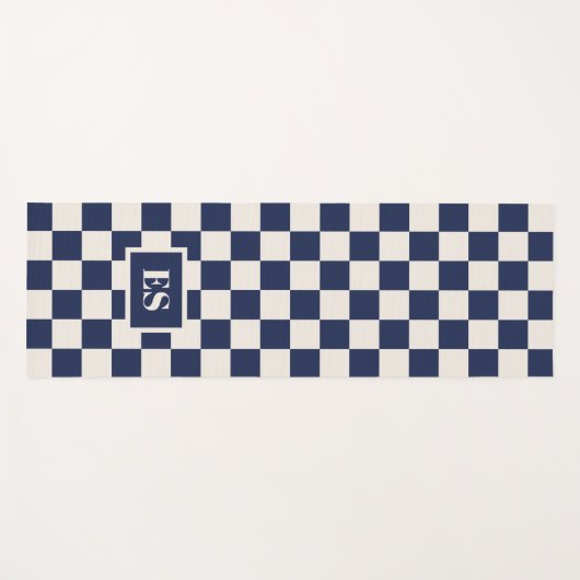 Monogram Navy Blue Cream Checkered Pattern Yogamat (Voorkant (horizontaal))