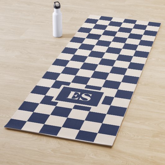 Monogram Navy Blue Cream Checkered Pattern Yogamat (In situ)