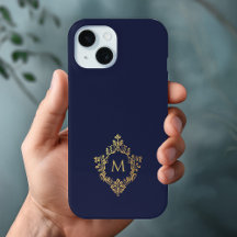 Monogram Navy Blue Elegant Faux Gold Crest Initiaa