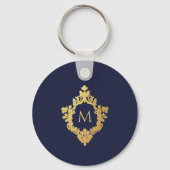 Monogram Navy Blue Elegant Faux Gold Crest Initiaa Sleutelhanger (Voorkant)