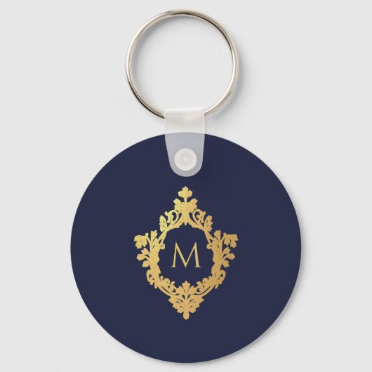 Monogram Navy Blue Elegant Faux Gold Crest Initiaa Sleutelhanger (Voorkant)