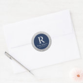 Monogram Navy Blue Elegant Silver Glitter Ronde Sticker (Envelop)