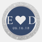 Monogram Navy Blue Elegant Silver Glitter Wedding Ronde Sticker (Voorkant)