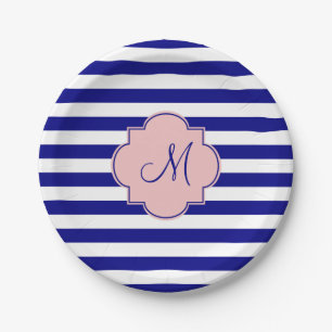 Monogram Navy Blue en Baby roze gestreept patroon Papieren Bordje