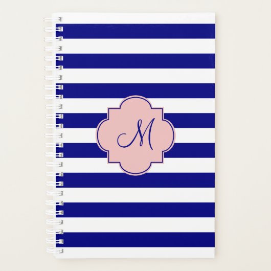 Monogram Navy Blue en Baby roze gestreept patroon Planner (Voorkant)